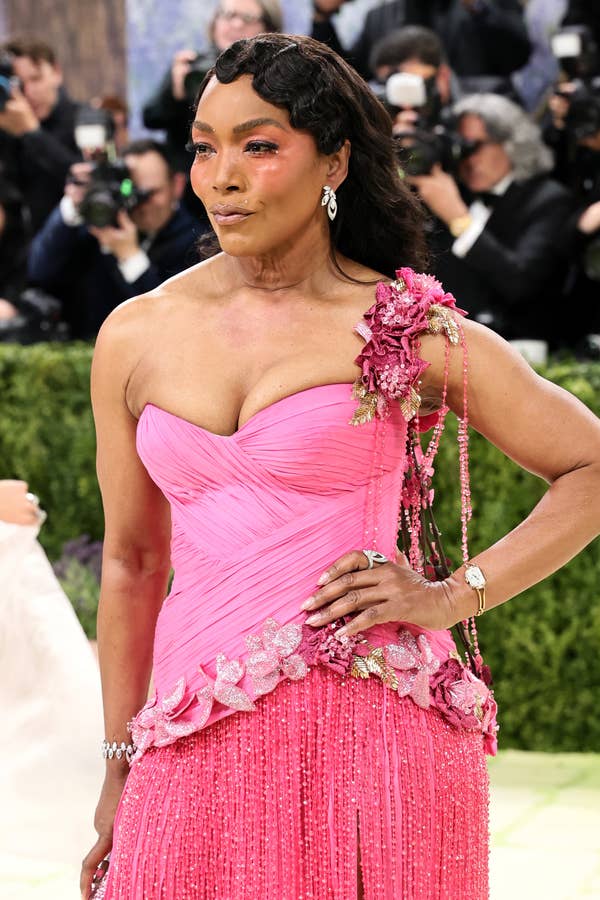 angela bassett pink floral fringe dress