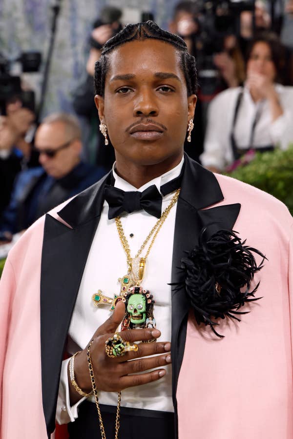 asap rocky pink suit skull pendant met gala