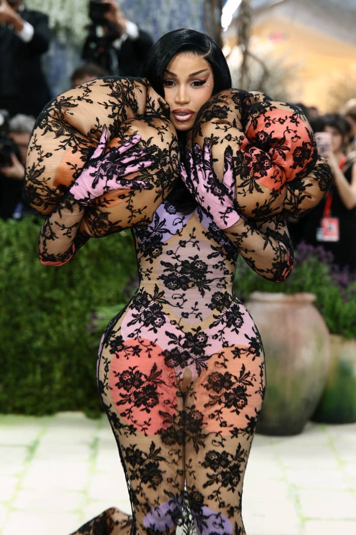 cardi b met gala black lace floral gown front view