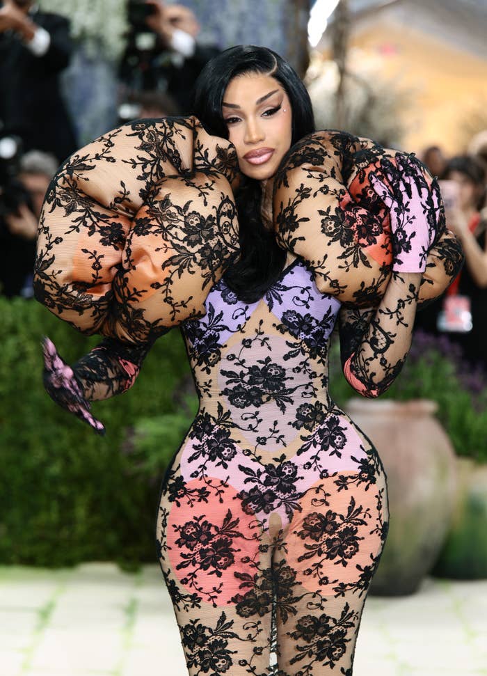 cardi b met gala puffy lace shoulder detail