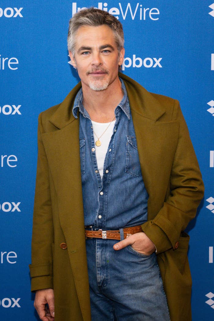 chris pine denim shirt brown overcoat
