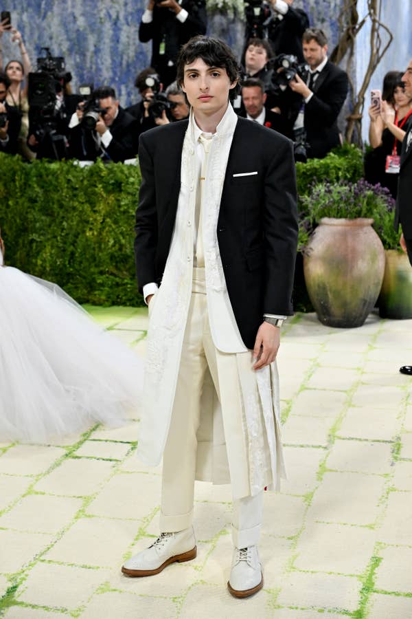 finn wolfhard white tunic black blazer met gala