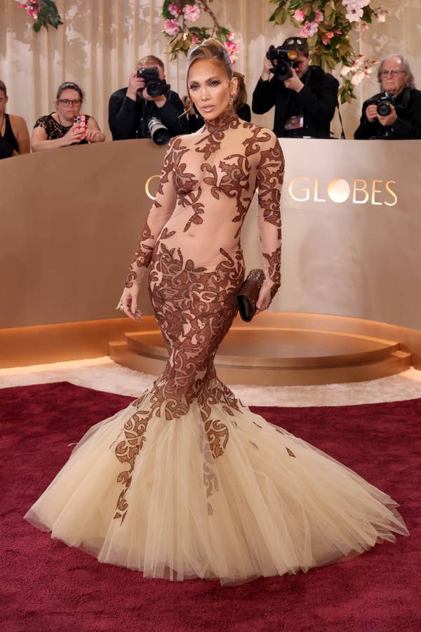 jennifer lopez golden globes brown lace mermaid dress