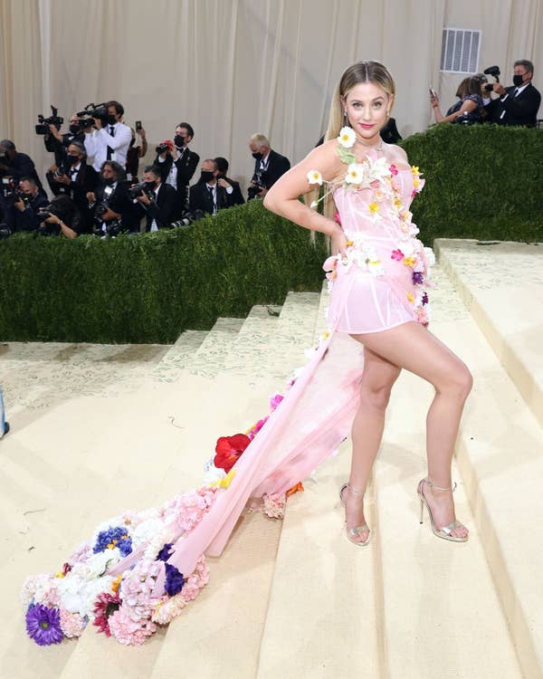 lili reinhart met gala pink floral corset dress