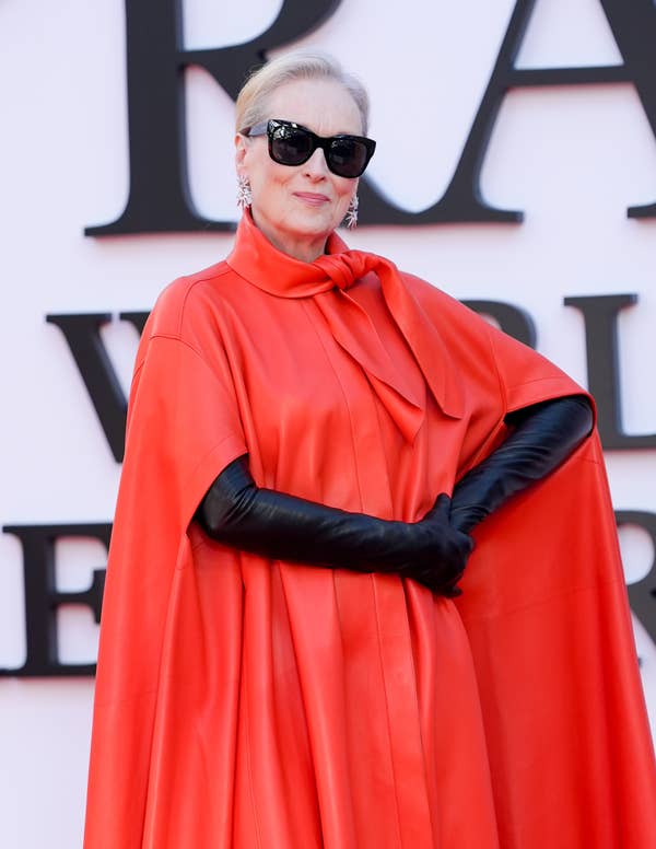 meryl streep red cape dress sunglasses