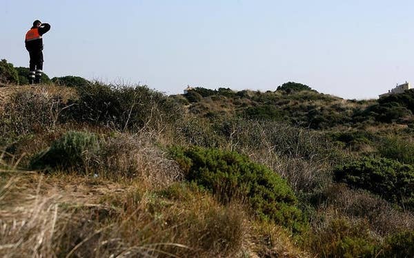 police officer searching shrubbery landscape