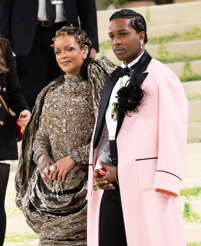 rihanna asap rocky met gala gold dress pink coat