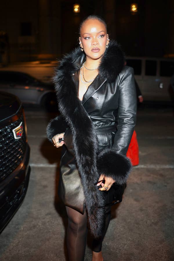 rihanna black leather fur trim coat street style