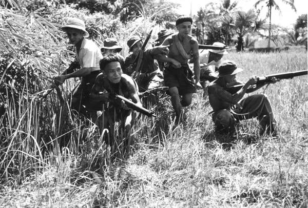 soldiers and guerrilla fighters moving through tall grass