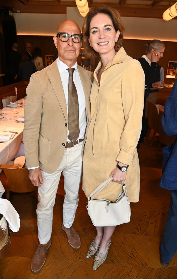 stanley tucci felicity blunt tan suit beige dress