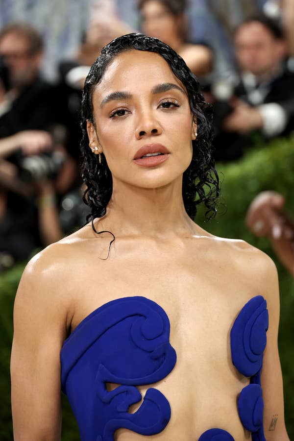 tessa thompson blue sculptural top met gala