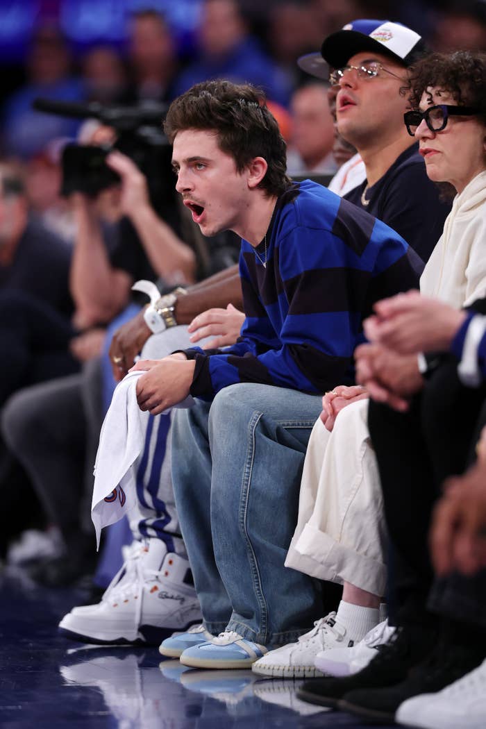timothee chalamet knicks game courtside reaction