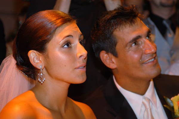 wedding couple looking up during ceremony