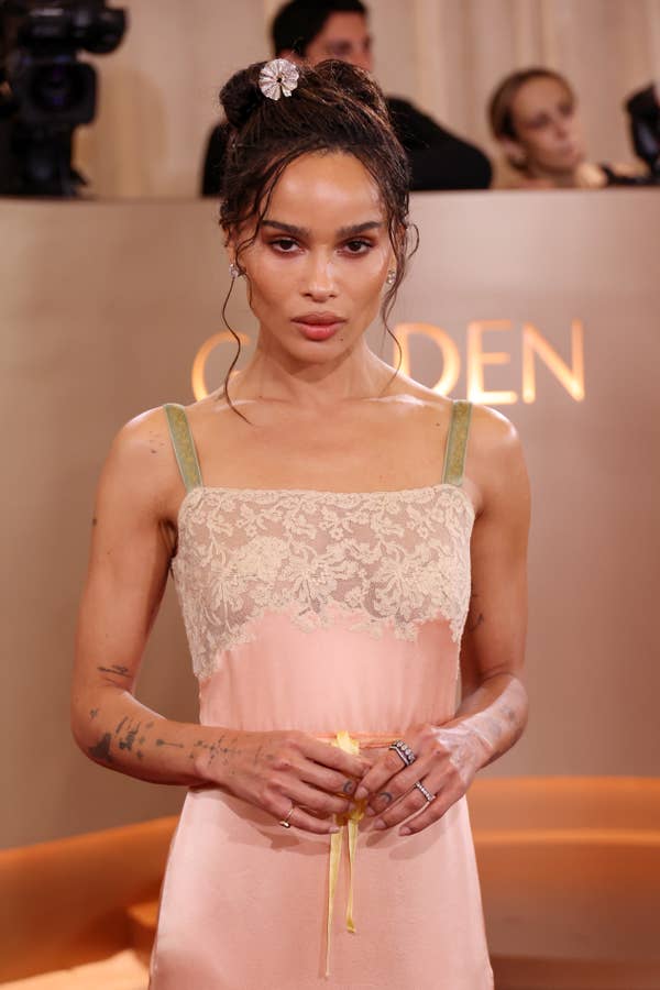 zoe kravitz pink lace slip dress